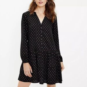 LOFT Black with Multicolor Metallic Dots Swing Button Down Dress Size XSP